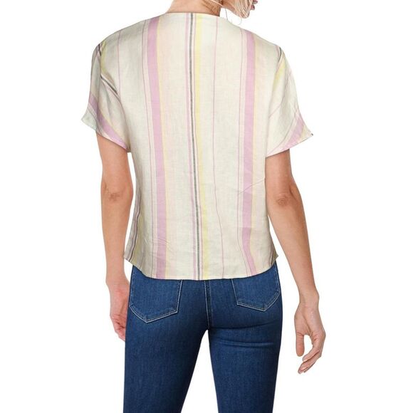 Three Dots Women's Linen Striped Button Down Tie Front Blouse NWT - Picture 2 of 2